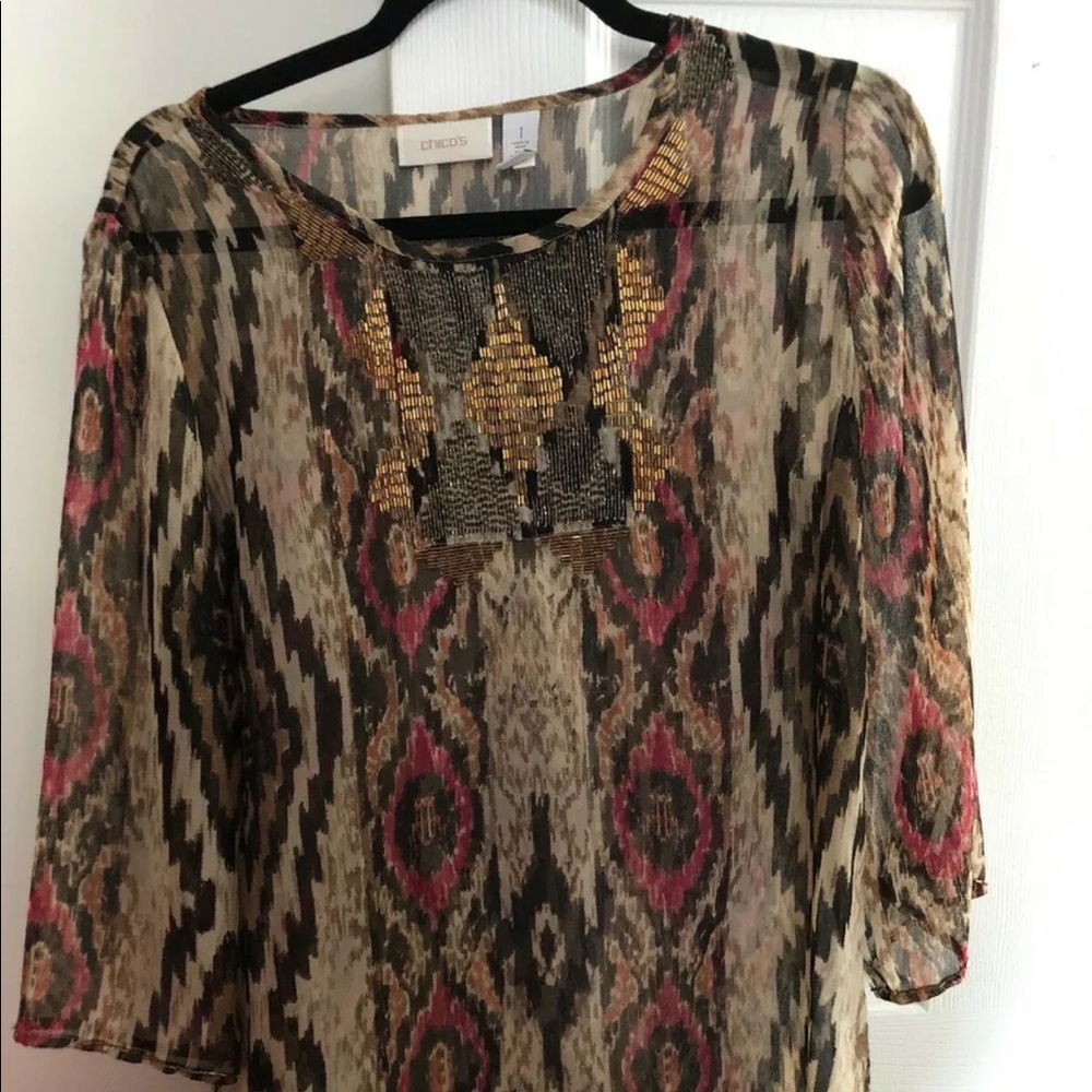 Chicos Beaded At Neck Top Size 1 3/4 Sleeve Sheer